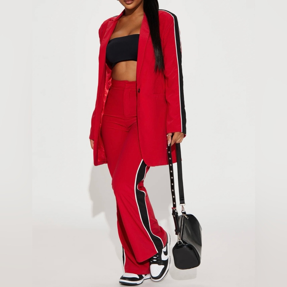 Red wide leg pants suit